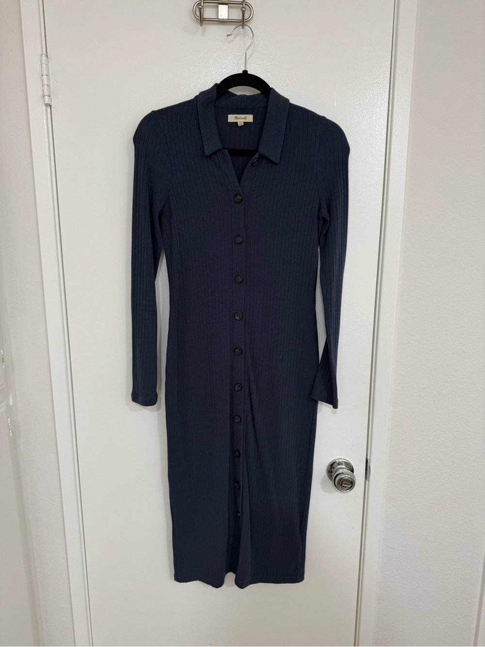 Madewell Ribbed Navy Button-Front Long Sleeve Dress